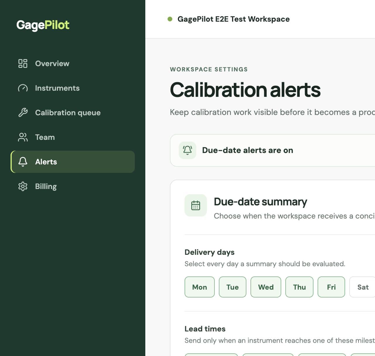 GagePilot calibration alerts settings showing delivery days and lead-time controls