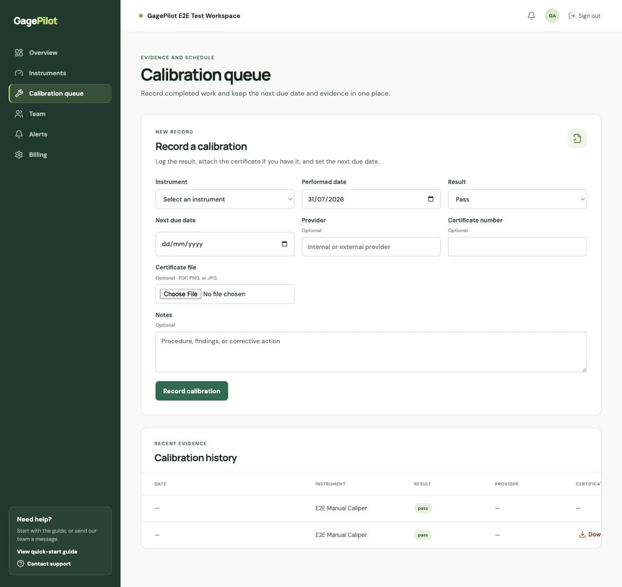 GagePilot calibration queue form for recording a calibration, result, next due date, and certificate