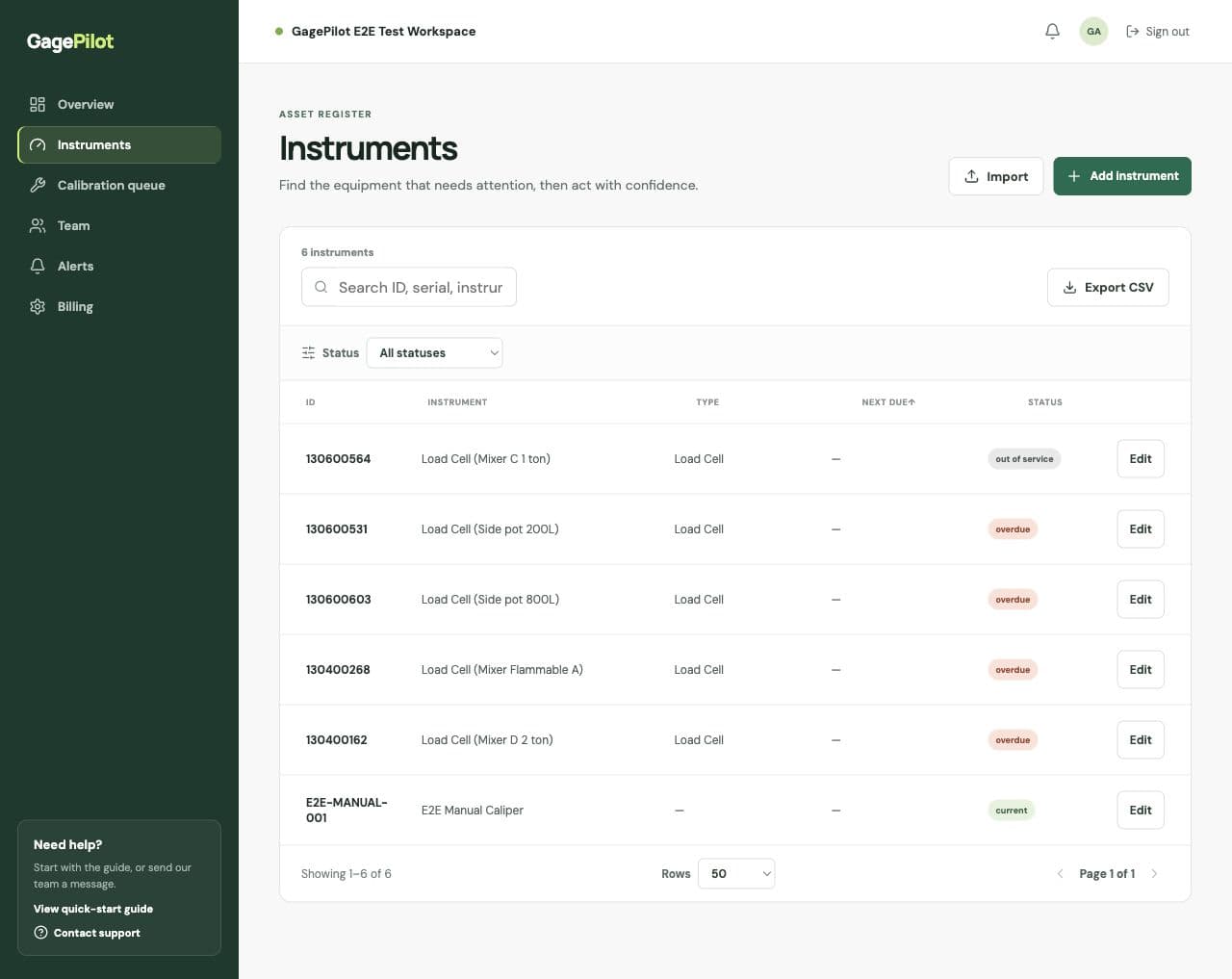 GagePilot instrument register showing searchable records and due dates